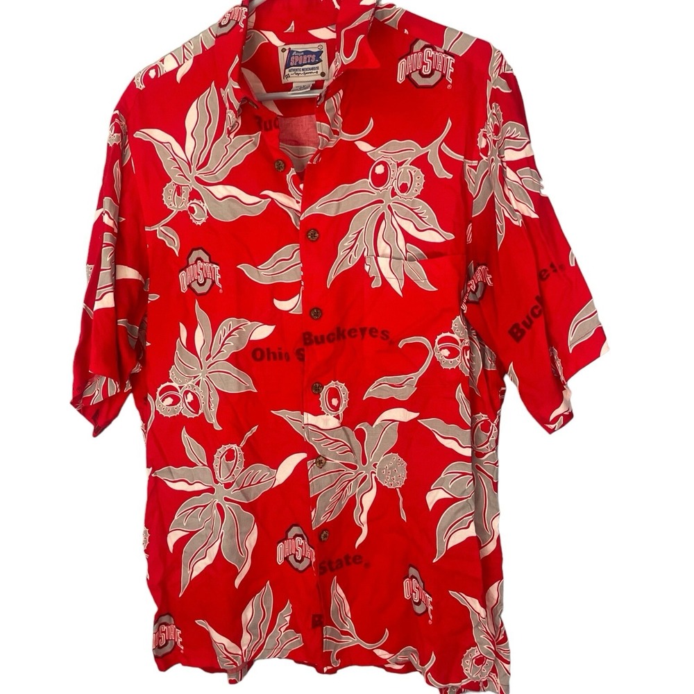 Reyn Sports Ohio State Hawaiian Shirt Red Floral NCAA Medium Short Sleeve Button